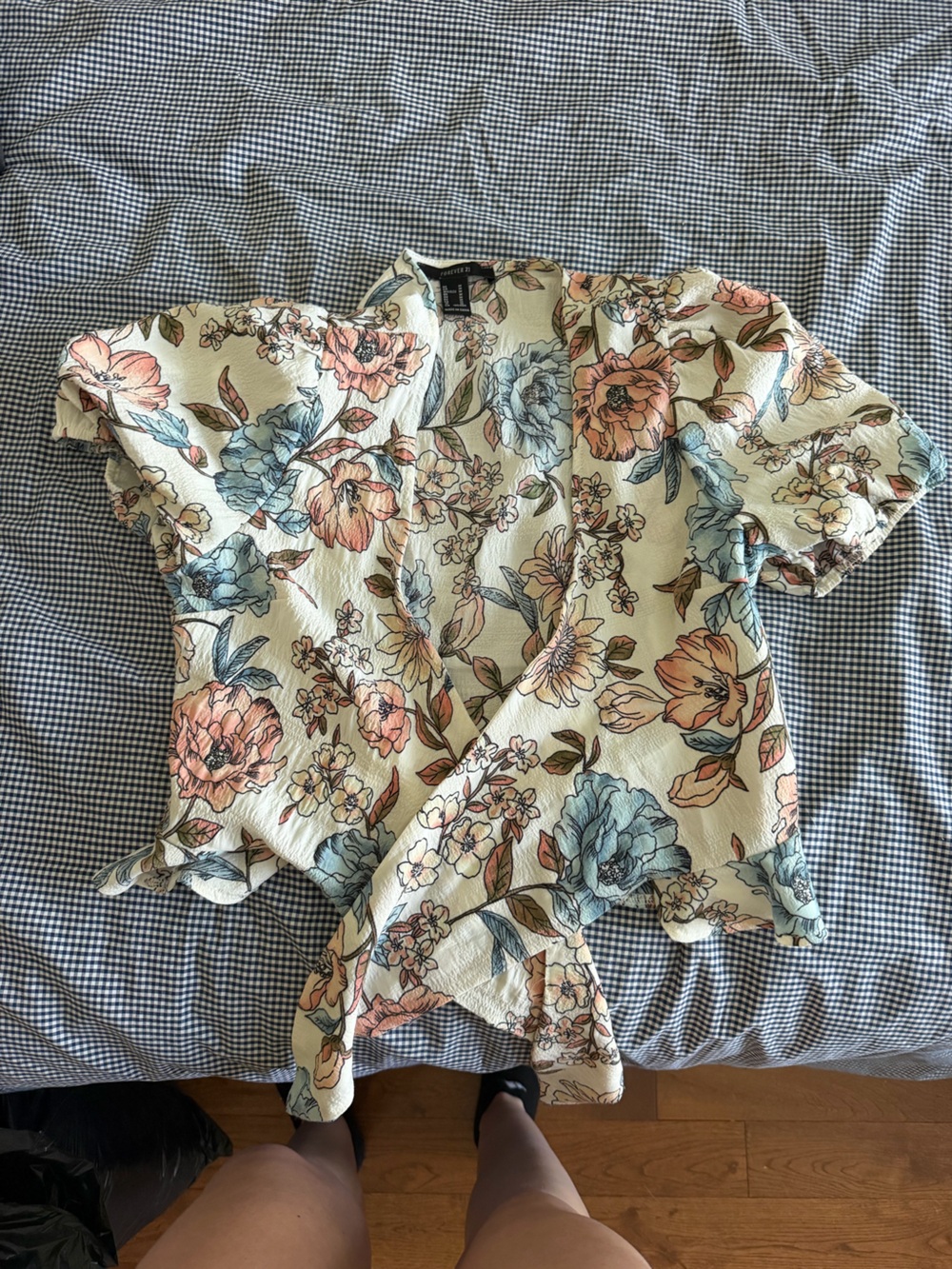 Forever 21 Cream Floral Twist Front Top with Blue and Pink Blooms